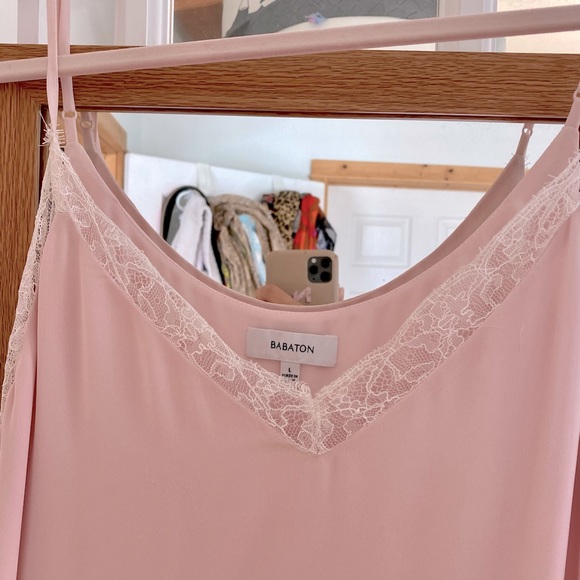 Size L Babaton baby pink lace trimmed slip dress, adjustable spaghetti straps - Picture 3 of 5